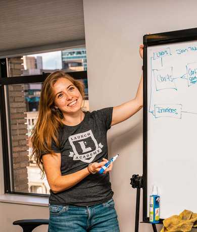 teacher writing on standing whiteboard
